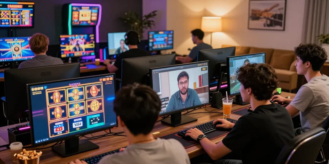 Exciting scene of players enjoying credit card casinos, showcasing vibrant online gaming setup.