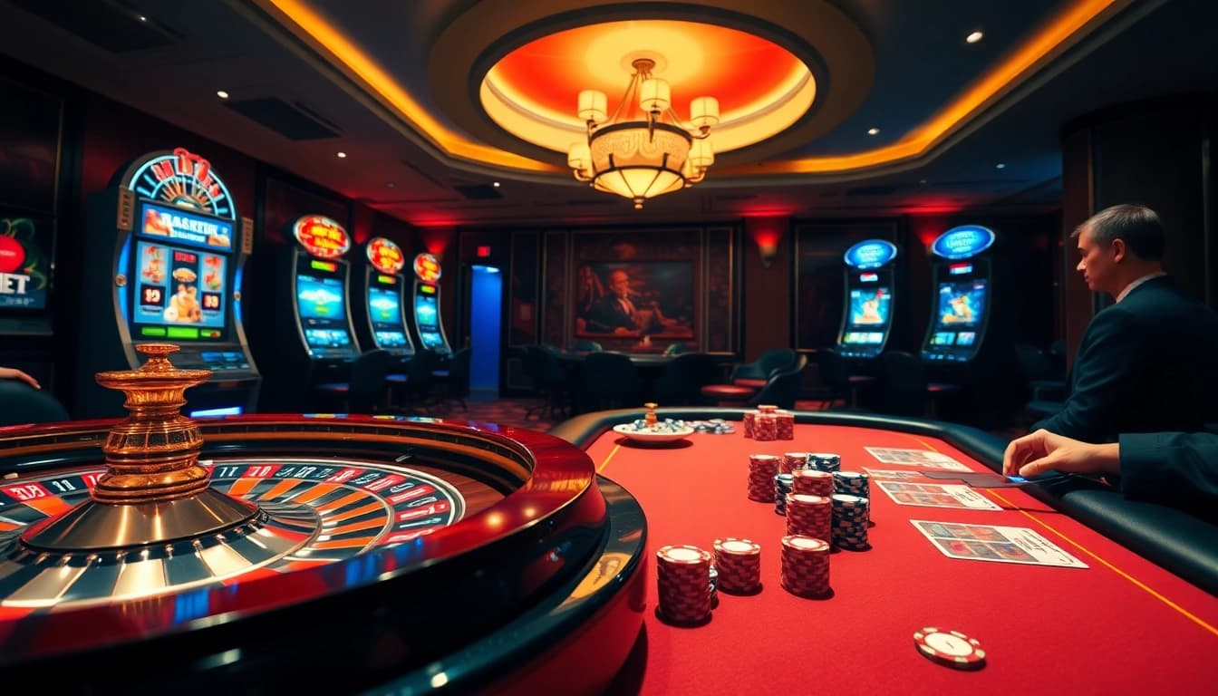 Gamblers celebrating a win at S8 casino with vibrant slot machines and roulette.