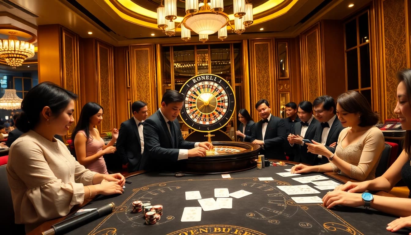Exciting gaming scene at Trang Chủ S8 casino with players enjoying card games and roulette.