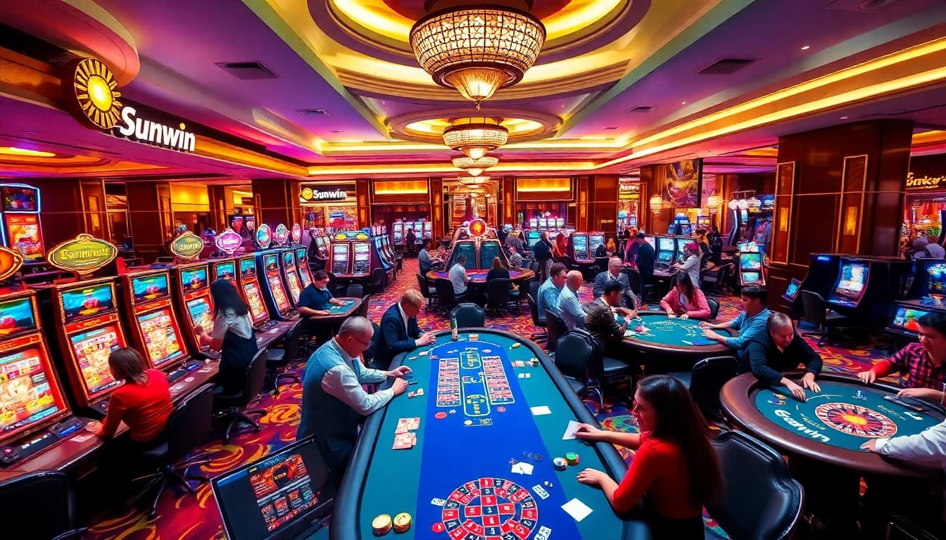Sunwin casino slot machines and poker tables filled with enthusiastic players.