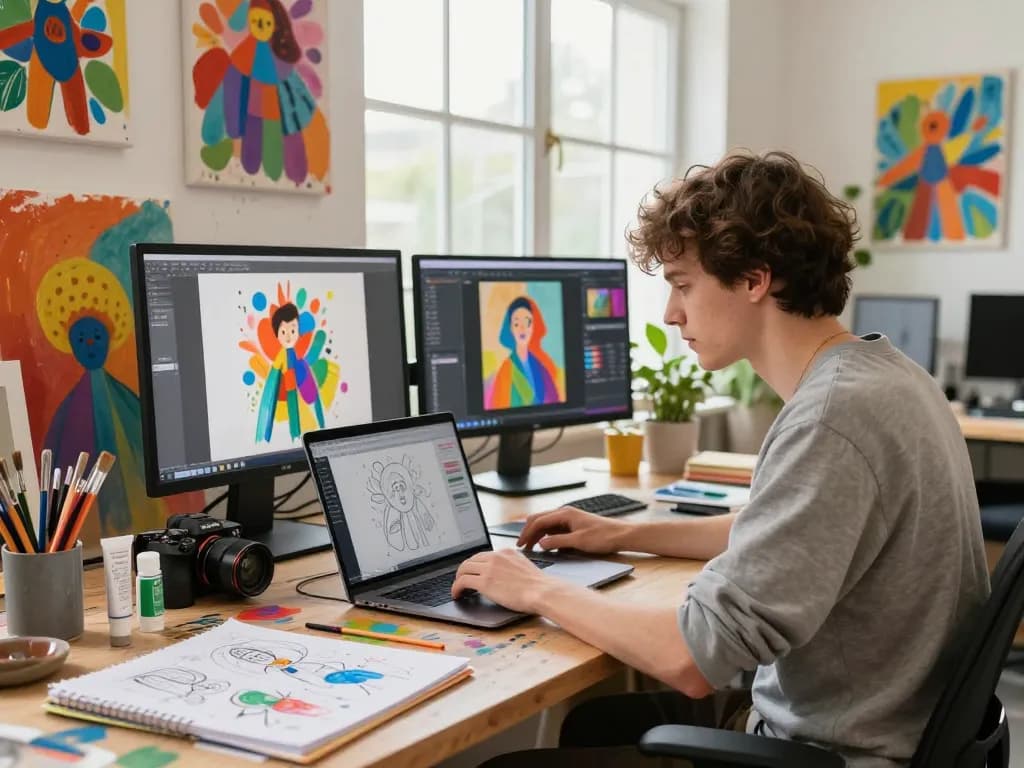 Artist using an image prompt generator in a colorful creative studio.