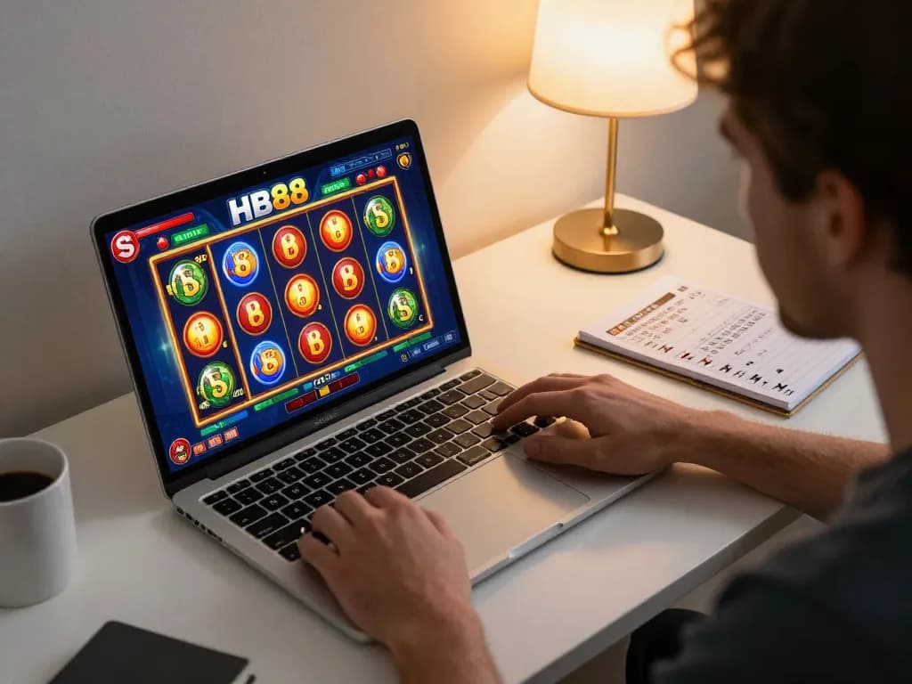 Engaging player experiencing HB88 online slot game at home with colorful graphics
