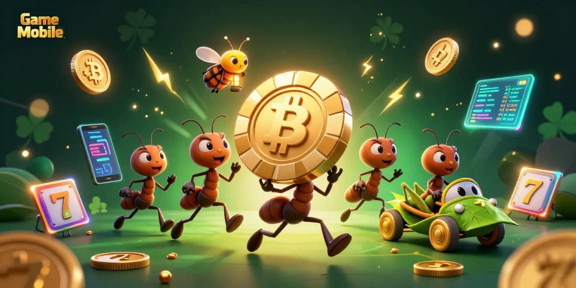 Game Mobile image showcasing ants heisting a poker chip in a vibrant casino tunnel.