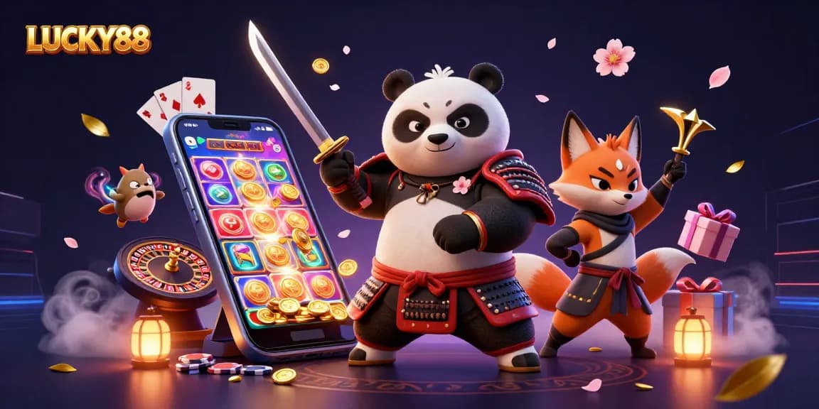 LUCKY88 showcases a fierce samurai panda and ninja fox amidst dynamic casino elements.