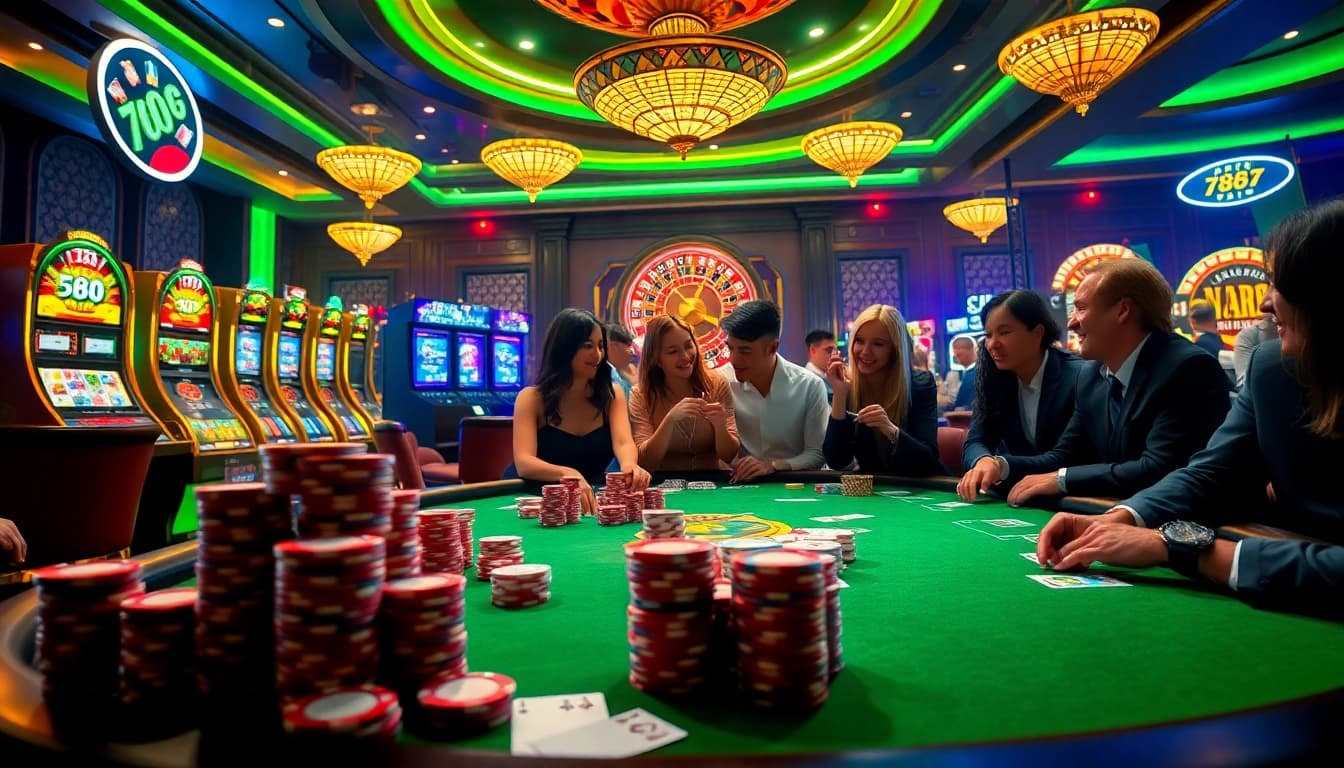 Players enjoying a vibrant gaming atmosphere at 789bet casino with poker chips and cards.