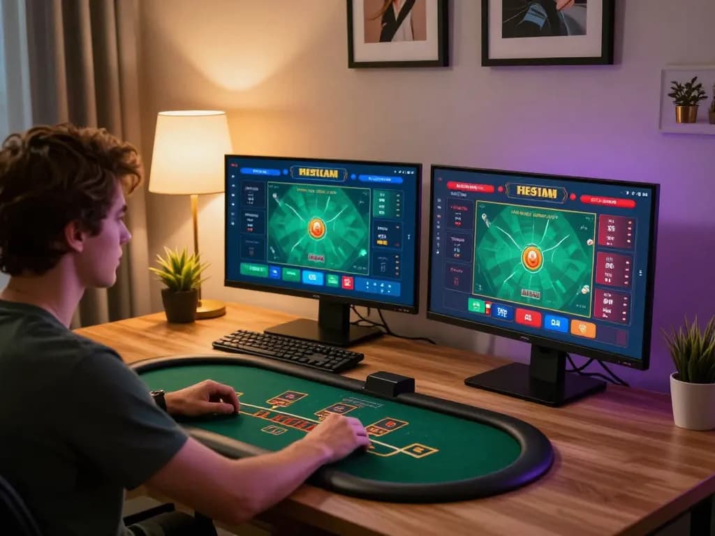Player enjoying live blackjack at 99wincasino with multiple screens and focused strategy