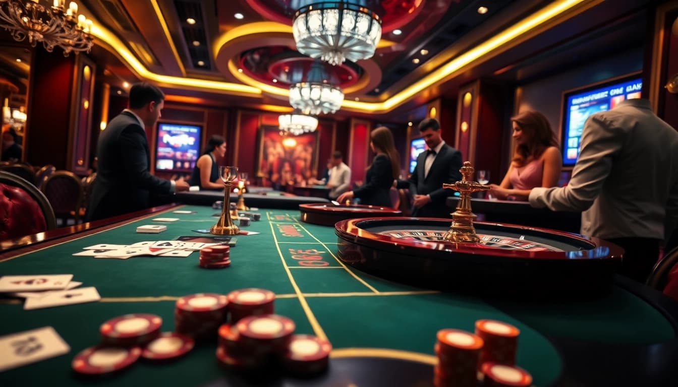 Experience high-stakes excitement at fb88 with vibrant casino visuals featuring roulette and poker.