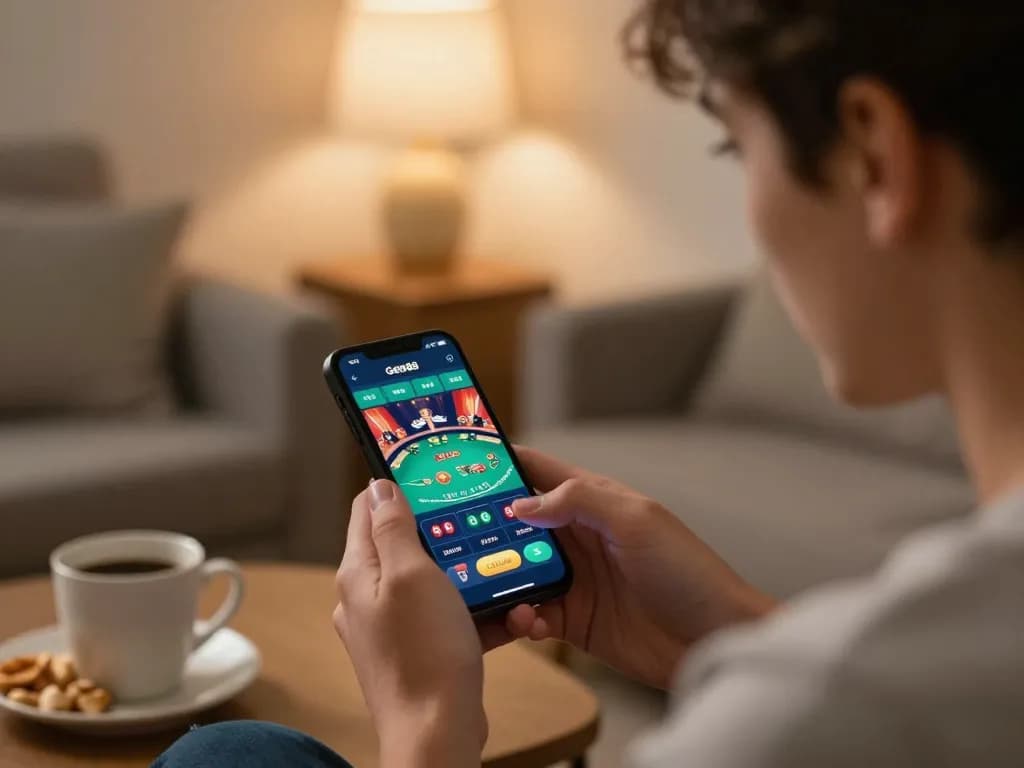 Player using gem88 app on smartphone for online gaming in a cozy living room