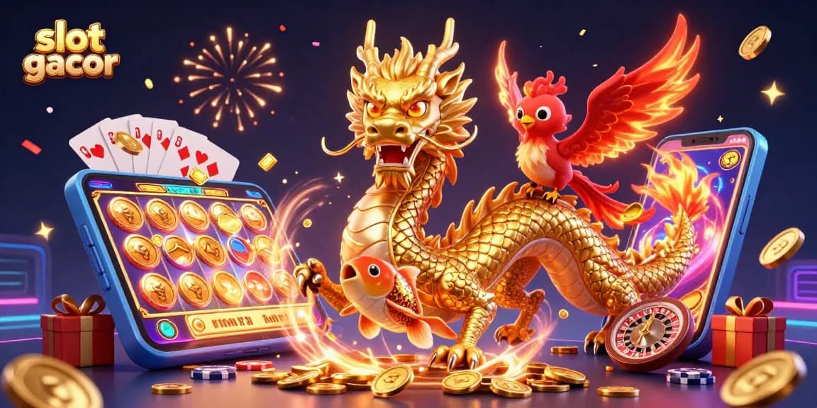 Spin and win with slot gacor featuring a dragon, phoenix, and koi fish amidst vibrant casino elements.