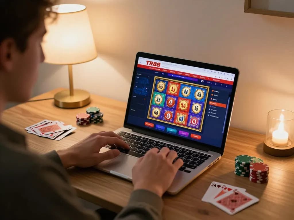 Experience thrilling gaming action with TR88 on laptop in comfortable home setting