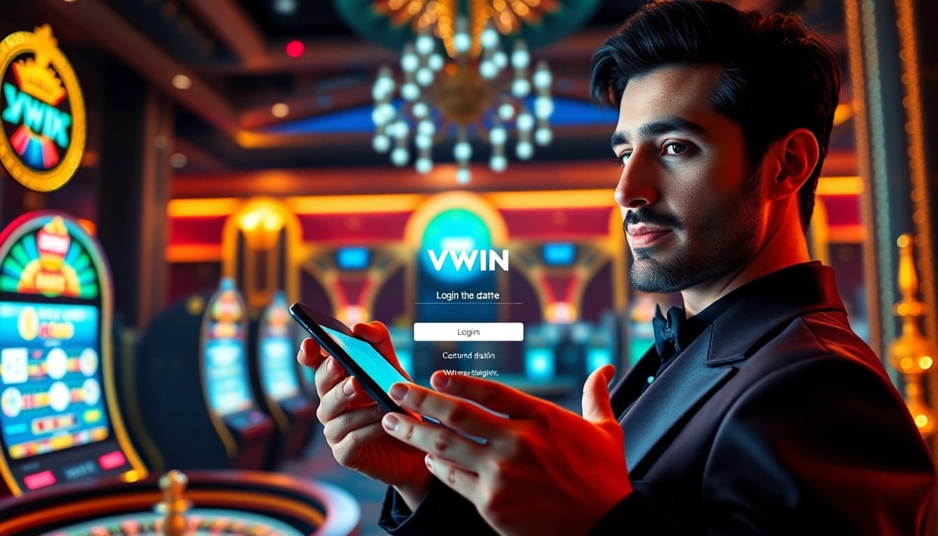 Engage with the VWIN login interface amidst a vibrant casino backdrop, featuring luxurious gaming elements.