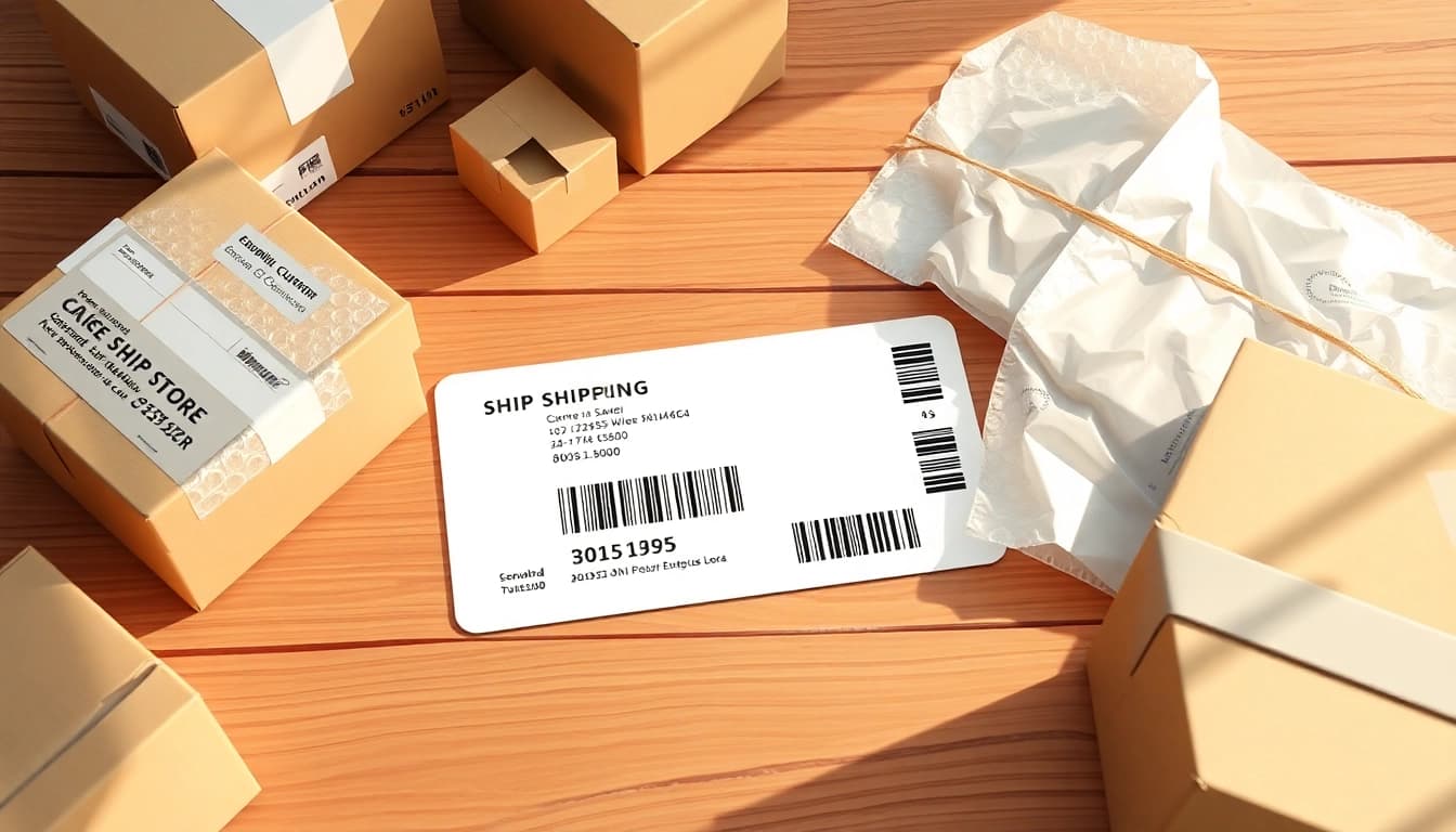 View a modern shipping label on a stylish wooden table beside shipping materials showcasing a barcode and sender details.