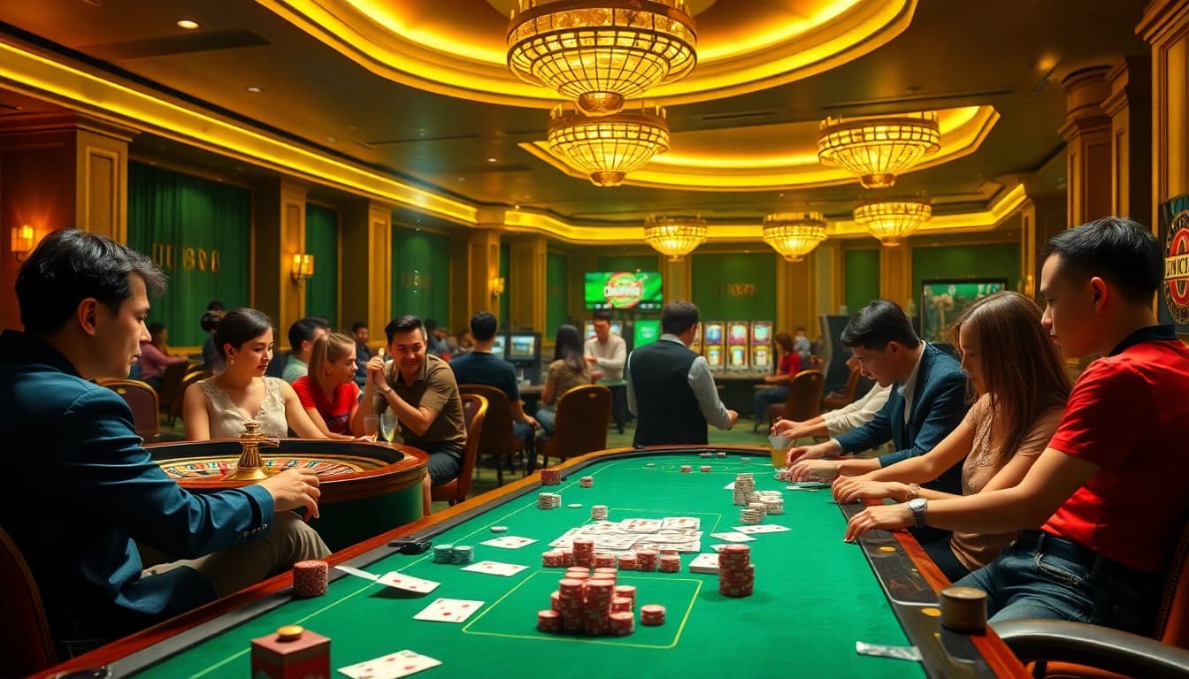 Experience the excitement of UU88 with players at casino tables and vibrant gambling elements.