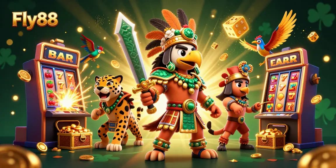 Win big at Fly88 with vibrant slot machines and action-packed gameplay illustrated in 3D.