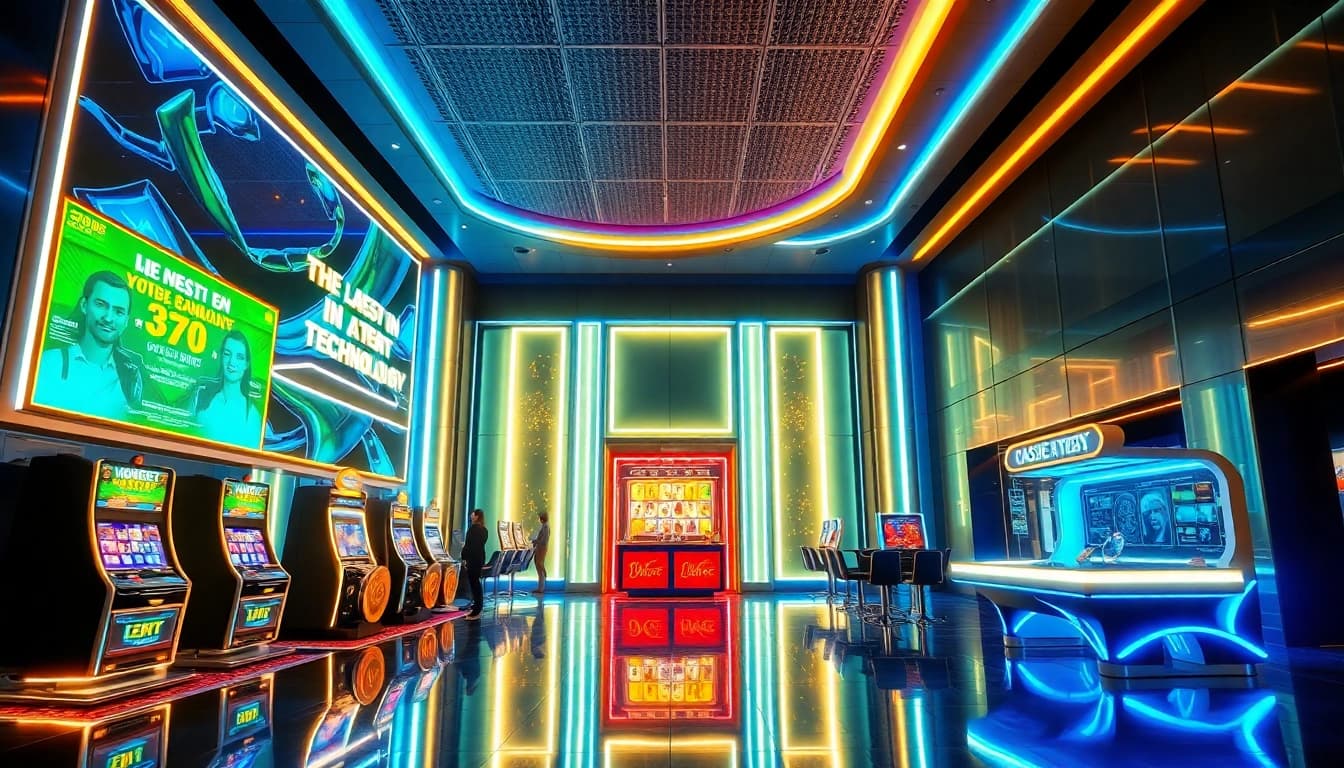 Experience new technology in a futuristic casino lobby with advanced gaming displays.