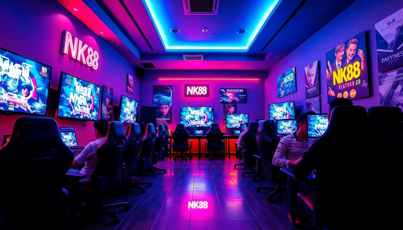 Dynamic gaming lounge showcasing NK88 with vibrant LED lighting and engaged players.