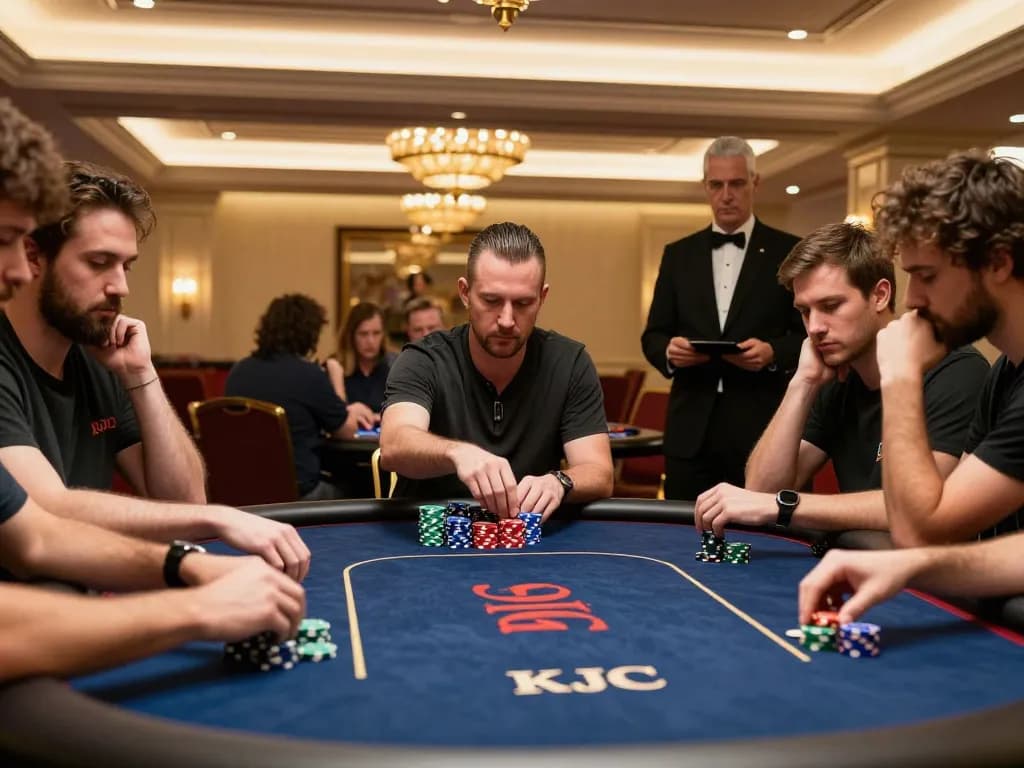 KJC poker tournament with players strategizing bets and intense gameplay in a luxurious casino.