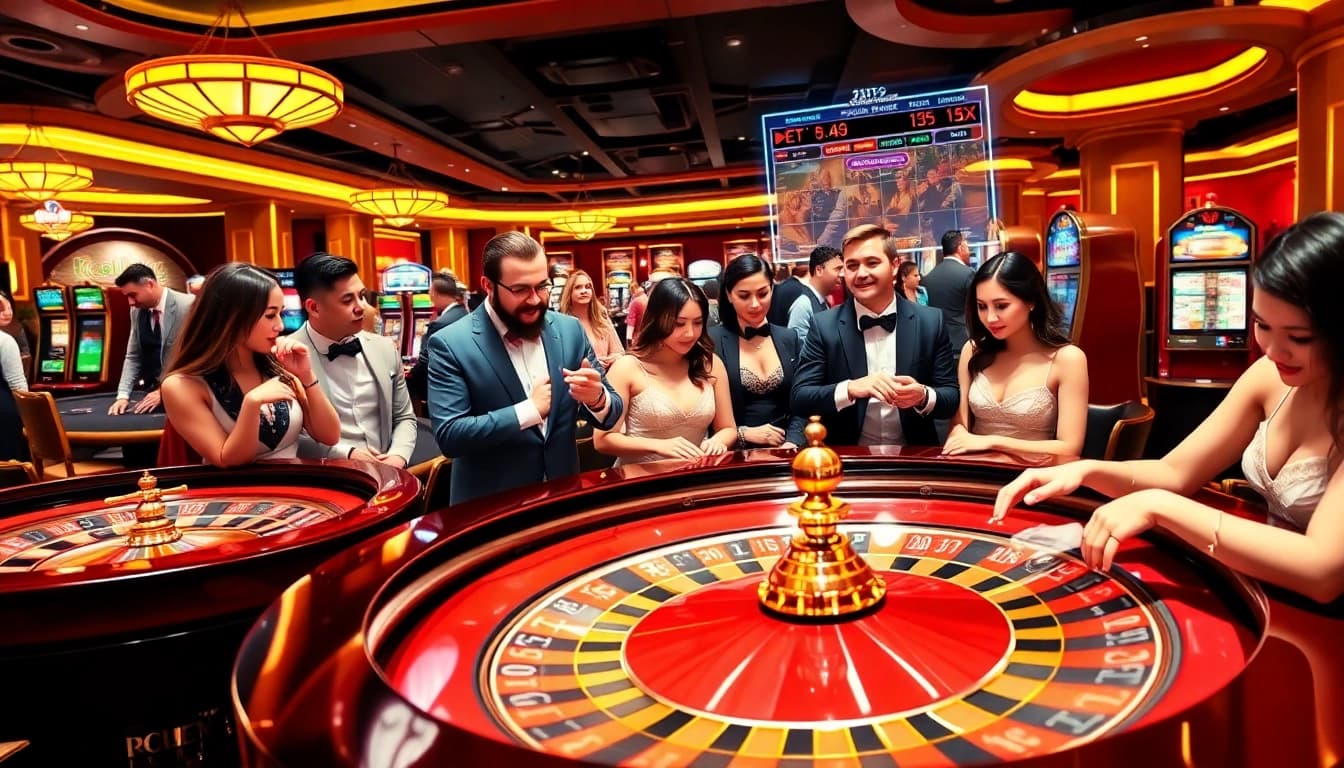 Gambling at https://fly88seo.com/, showcasing a lively casino with poker chips and roulette.