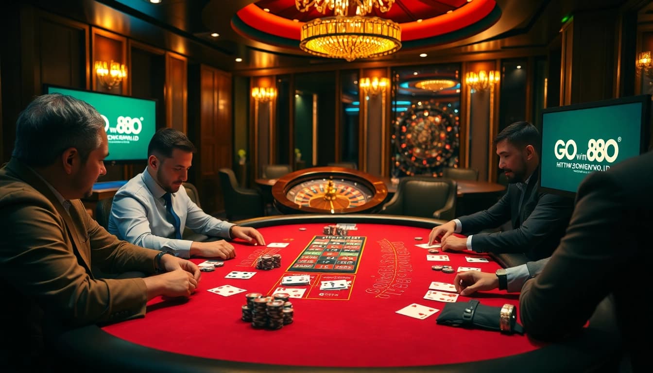 Engage with the thrilling poker table at https://go88vn.id/ showcasing high-quality chips and cards in a luxurious casino setting.