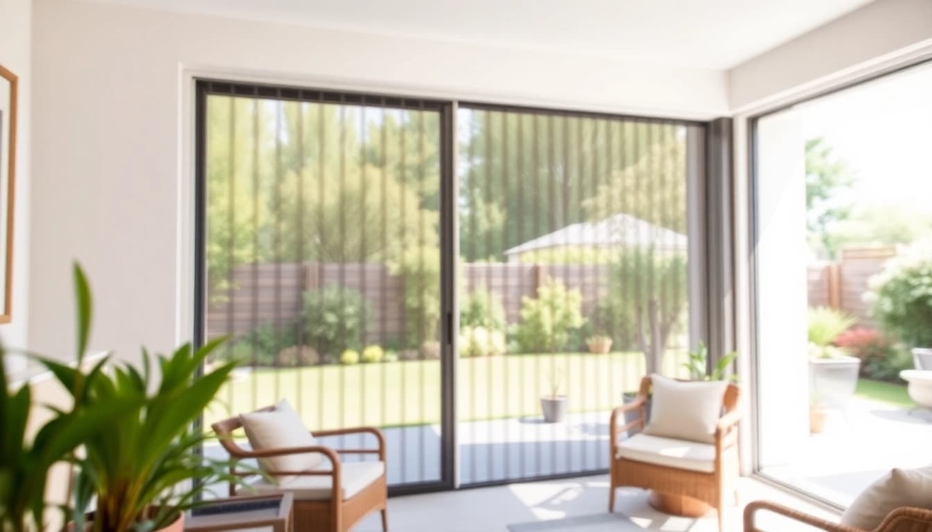 Functional fly screen for patio doors enhancing outdoor views and sunlight.
