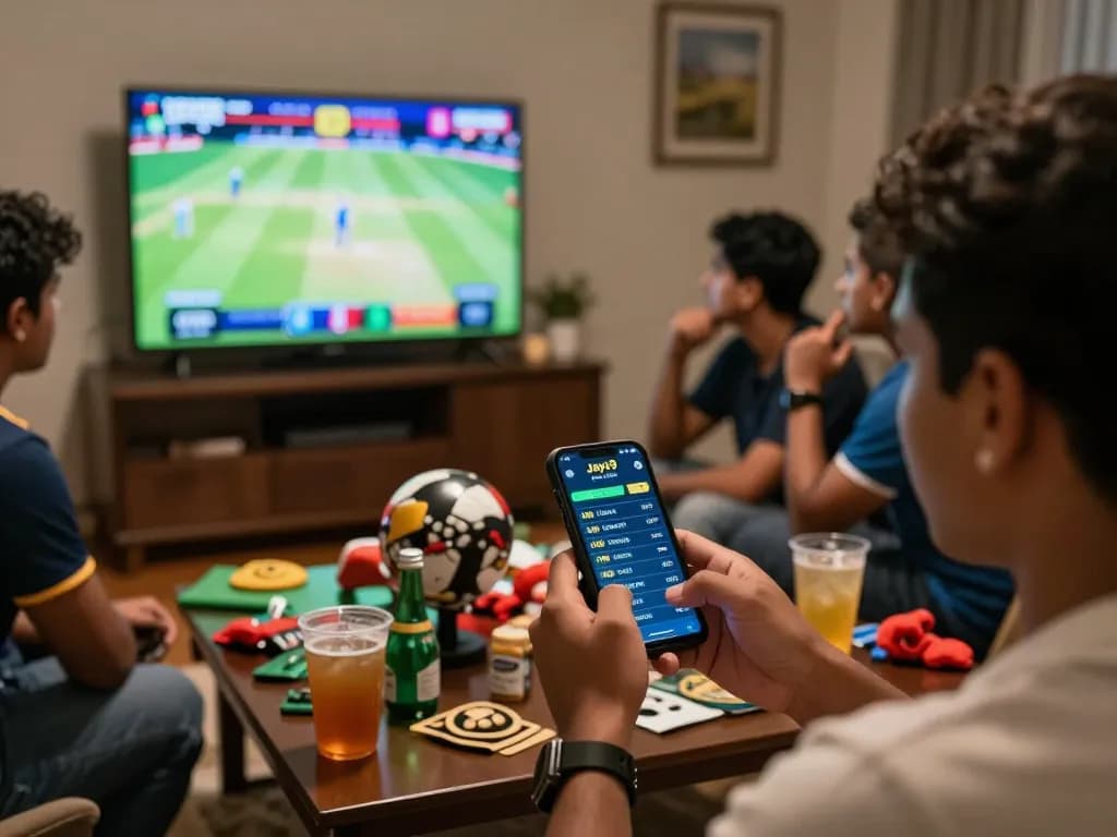 Engaging cricket betting on Jaya9 co uk with friends, showcasing live odds on a smartphone.