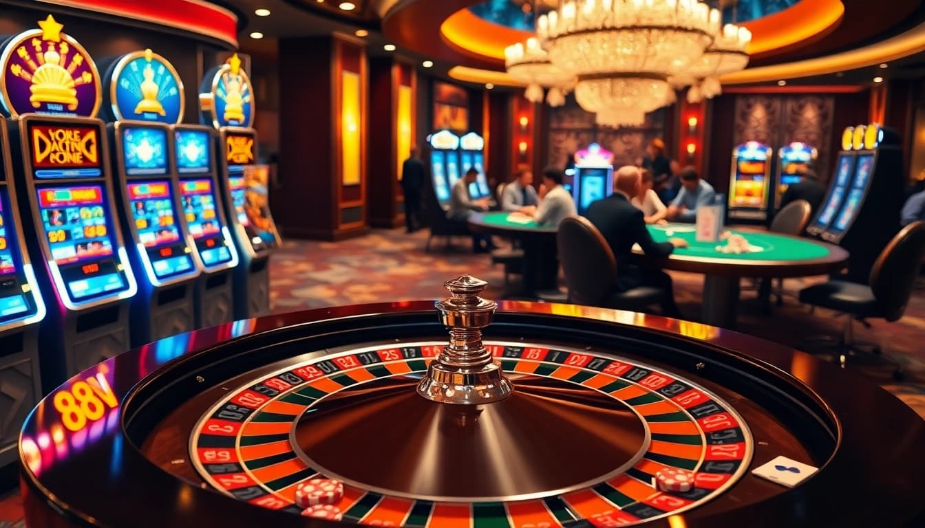 Exciting casino atmosphere featuring roulette and card games at https://88vv.com.de/ showcasing vibrant gambling action.