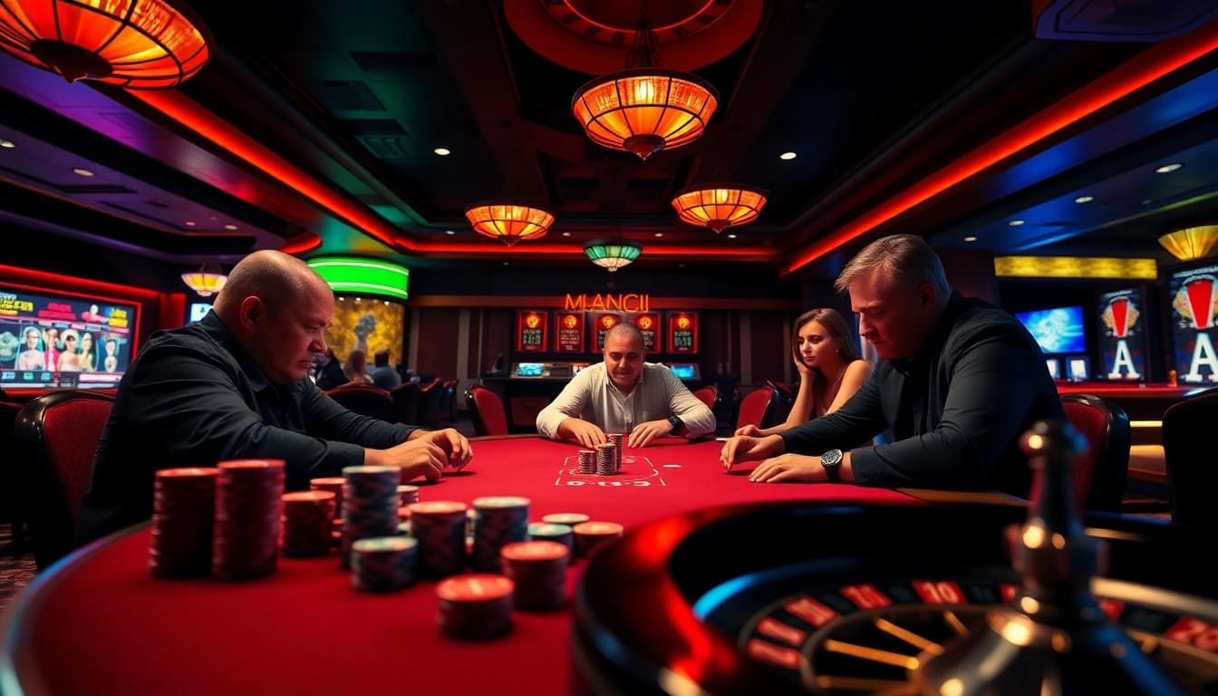 Exciting poker game at https://bancaonline88.com/, showcasing players' intense focus and stacked chips.