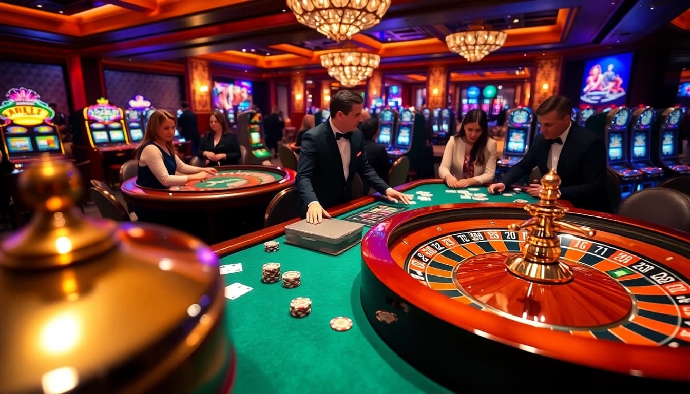 Exciting gambling scene at i9bet2h club featuring roulette and poker games.
