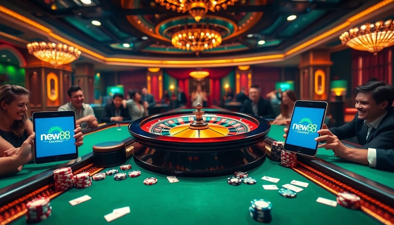 Experience the thrill of new88 with a vibrant casino scene featuring poker tables, roulette, and gambling excitement.