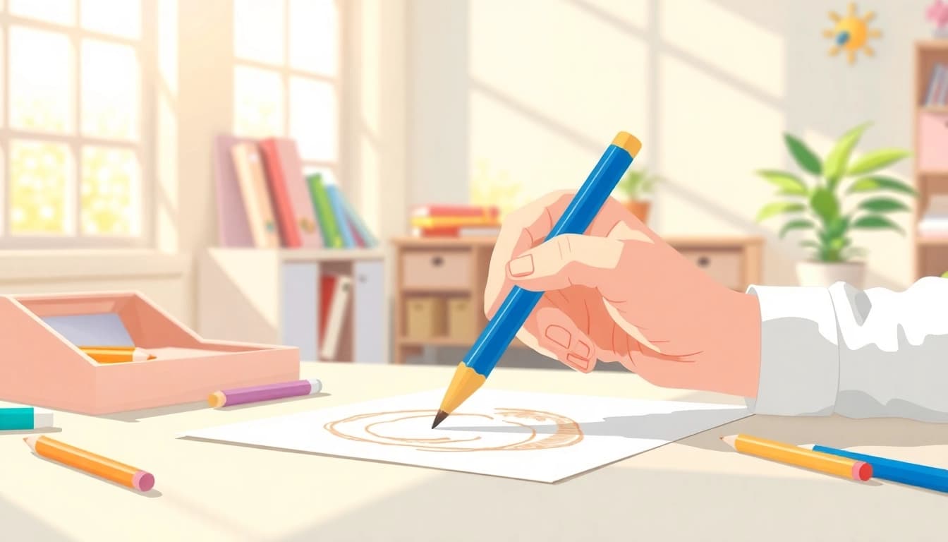 Child skillfully using an easy grip pencil for drawing in a bright classroom.