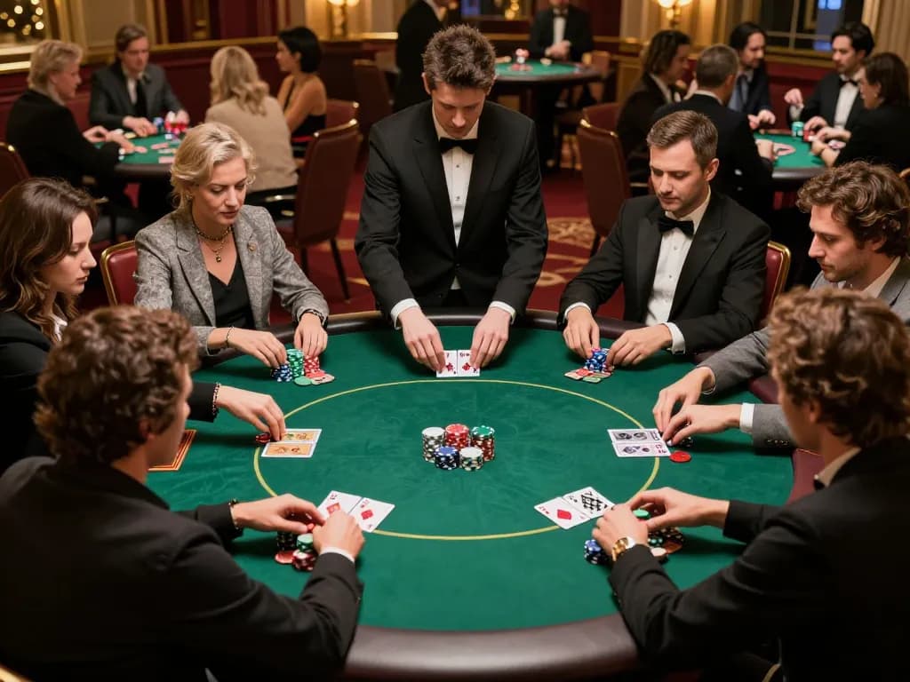 Poker players at a vibrant table showcase strategy and excitement at https://s8inc.com/ casino game night.