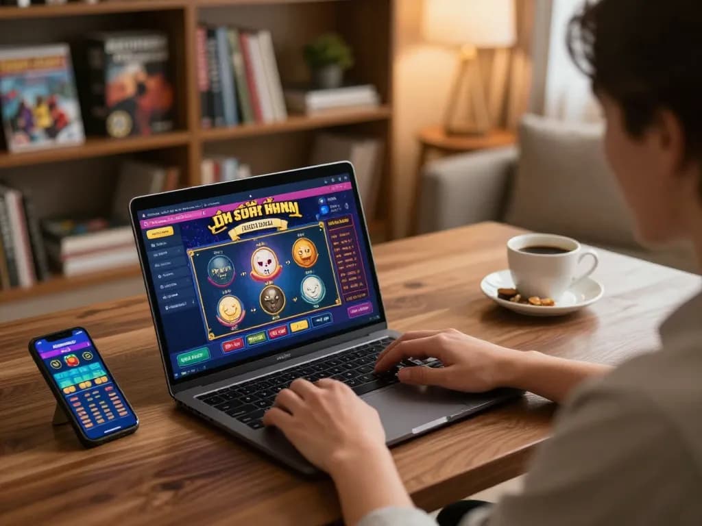 Engaging in game bài đổi thưởng via laptop at home with a cozy setup.