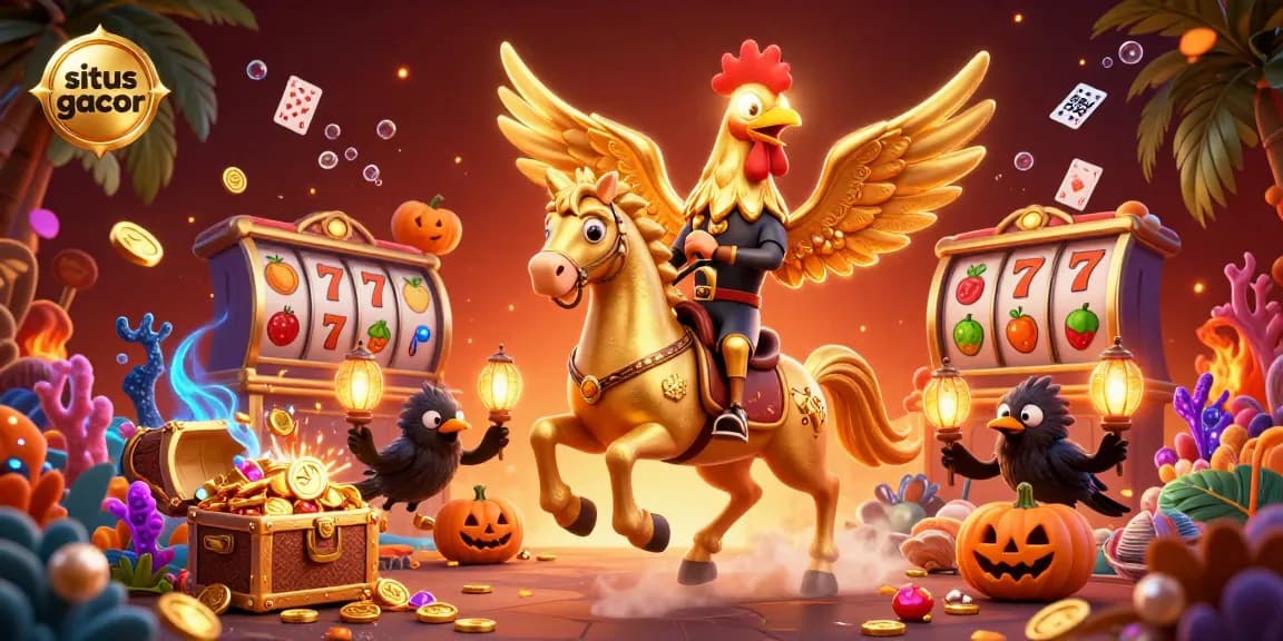 Situs gacor slots illuminate the casino with a golden rooster in action, surrounded by vibrant game elements.