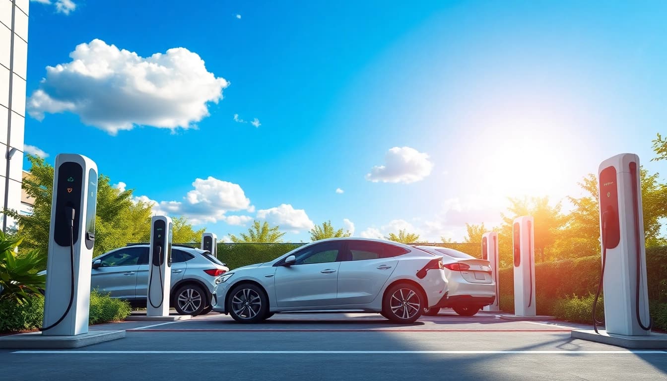 EV Charging Installation setup showcasing modern chargers and electric vehicles in a vibrant commercial space.