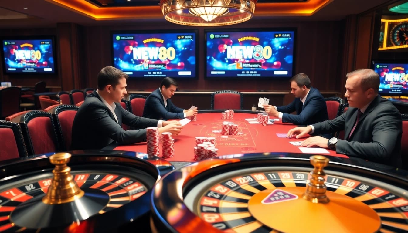 A thrilling casino experience at https://vnew88.vip/, featuring a luxurious poker table and excited players.