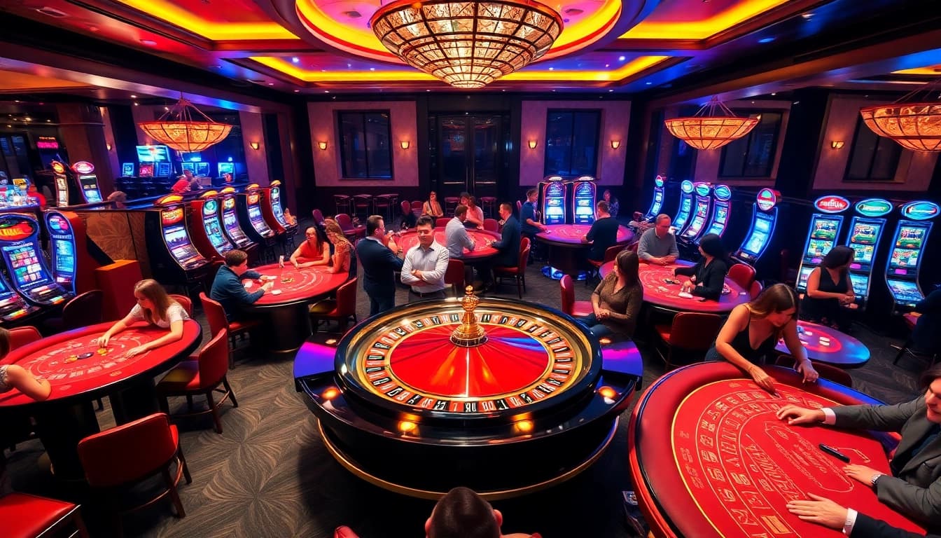 Engaged casino players enjoying games at https://impactxoft.com, featuring a vibrant roulette wheel and slot machines.