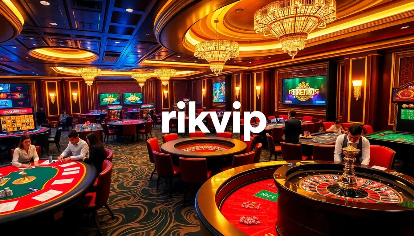 Experience the ultimate gambling adventure with rikvip at an upscale casino showcasing poker tables and roulette.