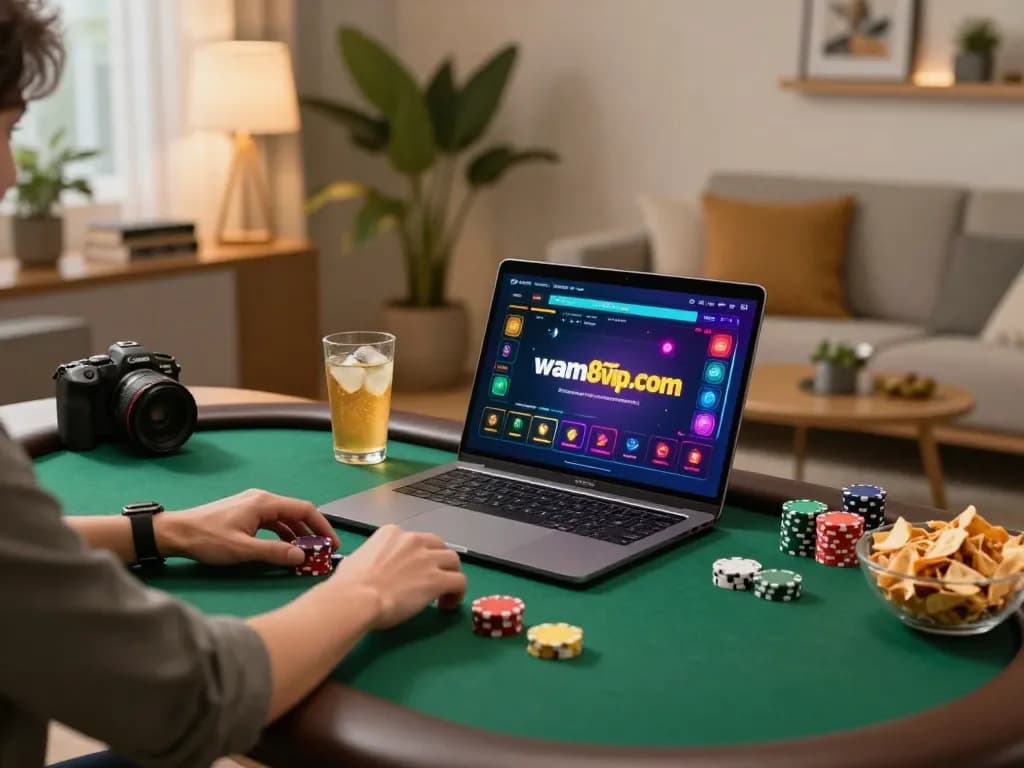 A person focused on online poker at vmax88vip.com, vibrant interface displayed on a laptop.