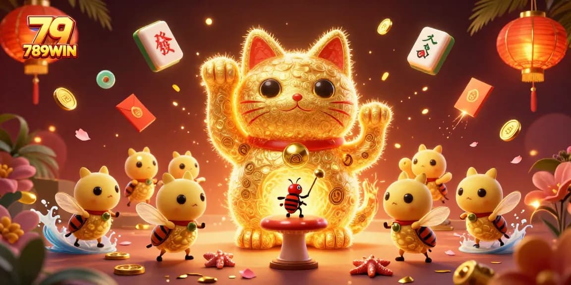 Experience the vibrant world of 789WIN as golden fireflies and a lucky cat create excitement in a lively casino atmosphere.