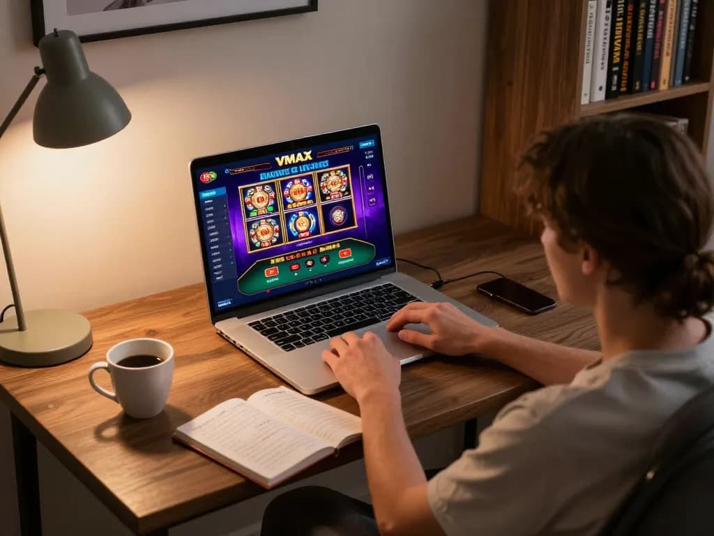 Engaged user enjoying online VMAX casino gaming on a laptop, highlighting strategic involvement and exciting gameplay.