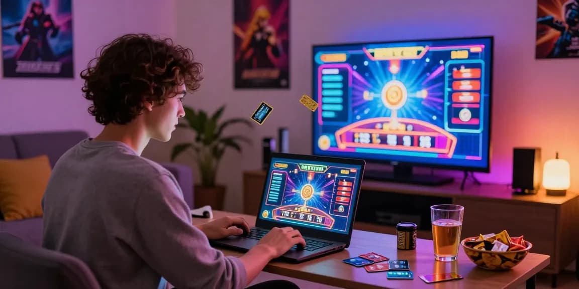 Engaging player exploring credit card casinos at home with snacks and vibrant lighting.