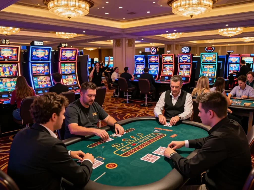 Casino players engaging at cm88com blackjack table under warm lighting, showcasing intense gameplay.