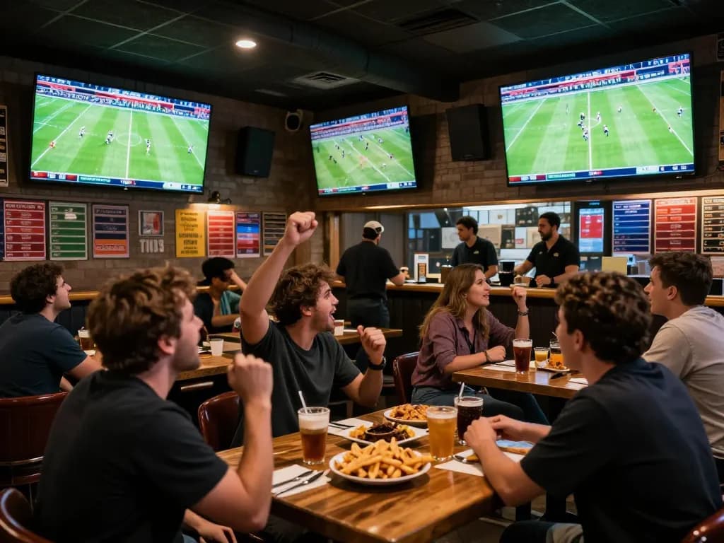 KQBD users enjoying live football betting experience at a lively sports bar.