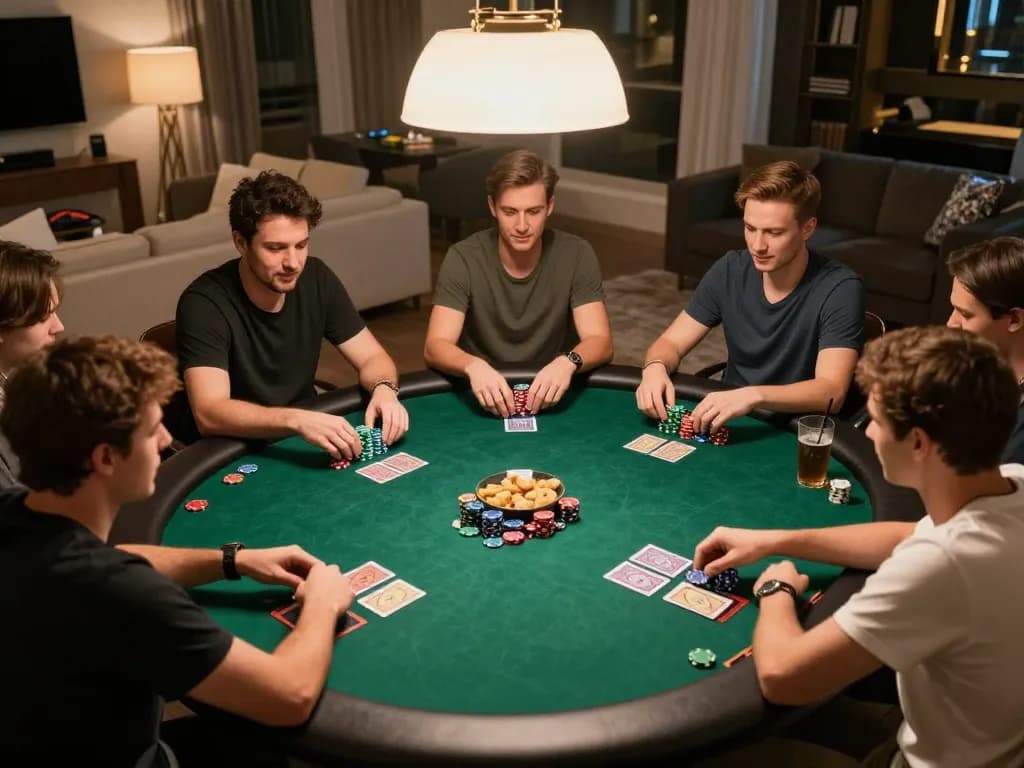 Kuwin players strategizing over a poker game in a stylish home environment, showcasing excitement and camaraderie.
