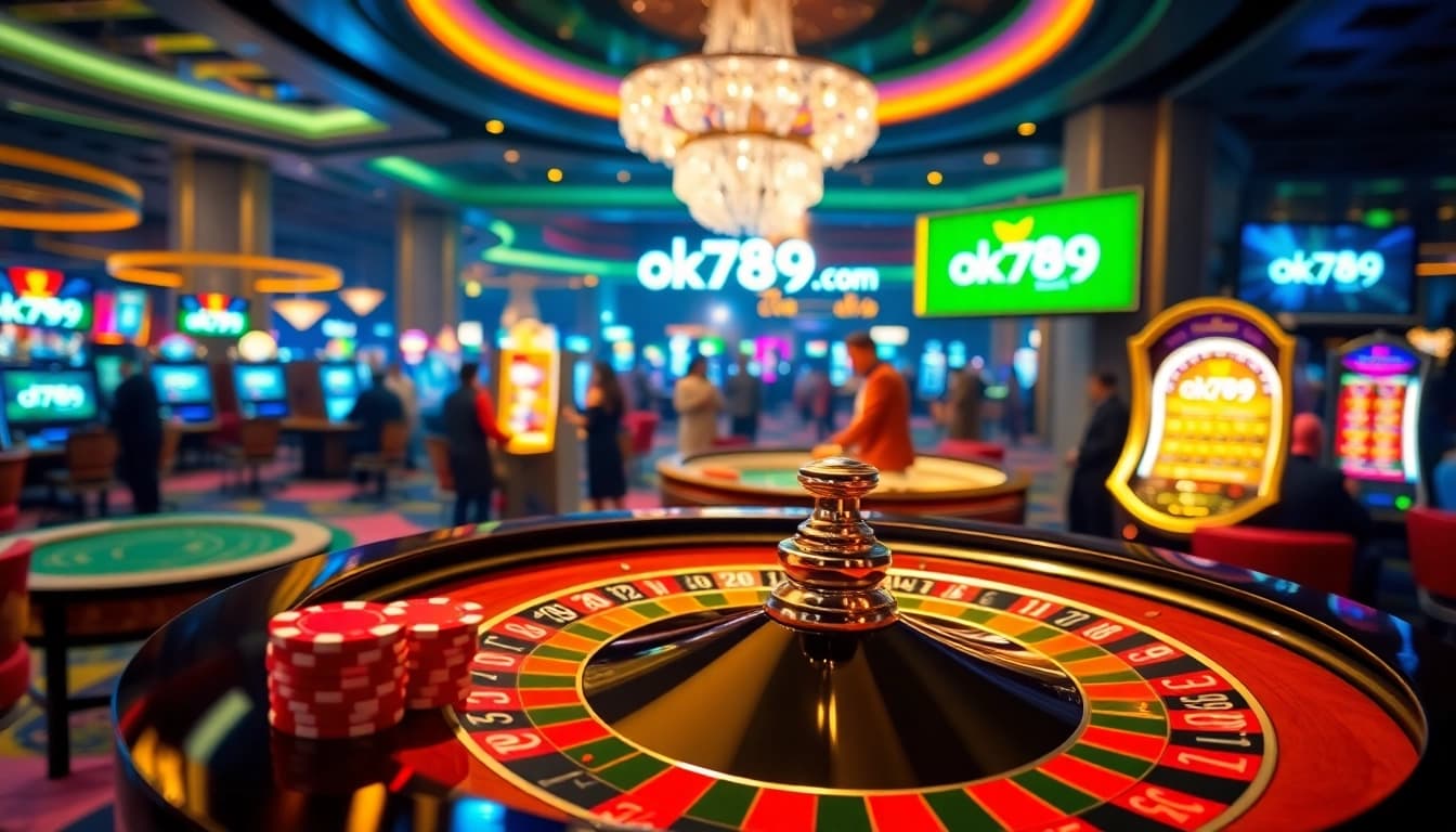 Experience thrilling games at ok789 com with vibrant casino scenes featuring roulette and slot machines.