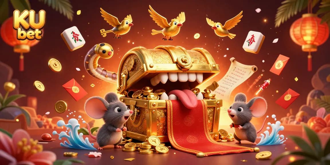 Play exciting games at KU bet, where a treasure chest promises riches alongside vibrant casino elements.
