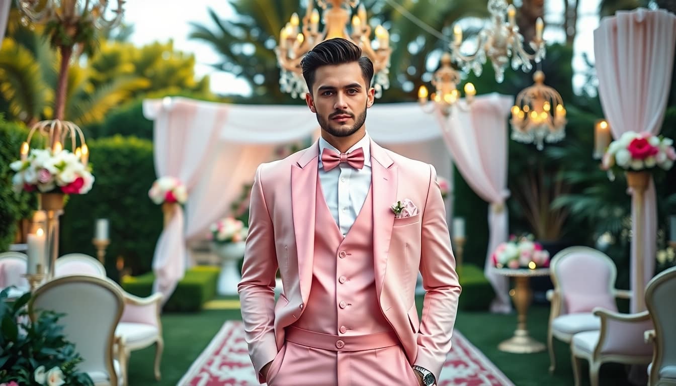 Stylish male model presenting designer menswear at an elegant wedding venue.