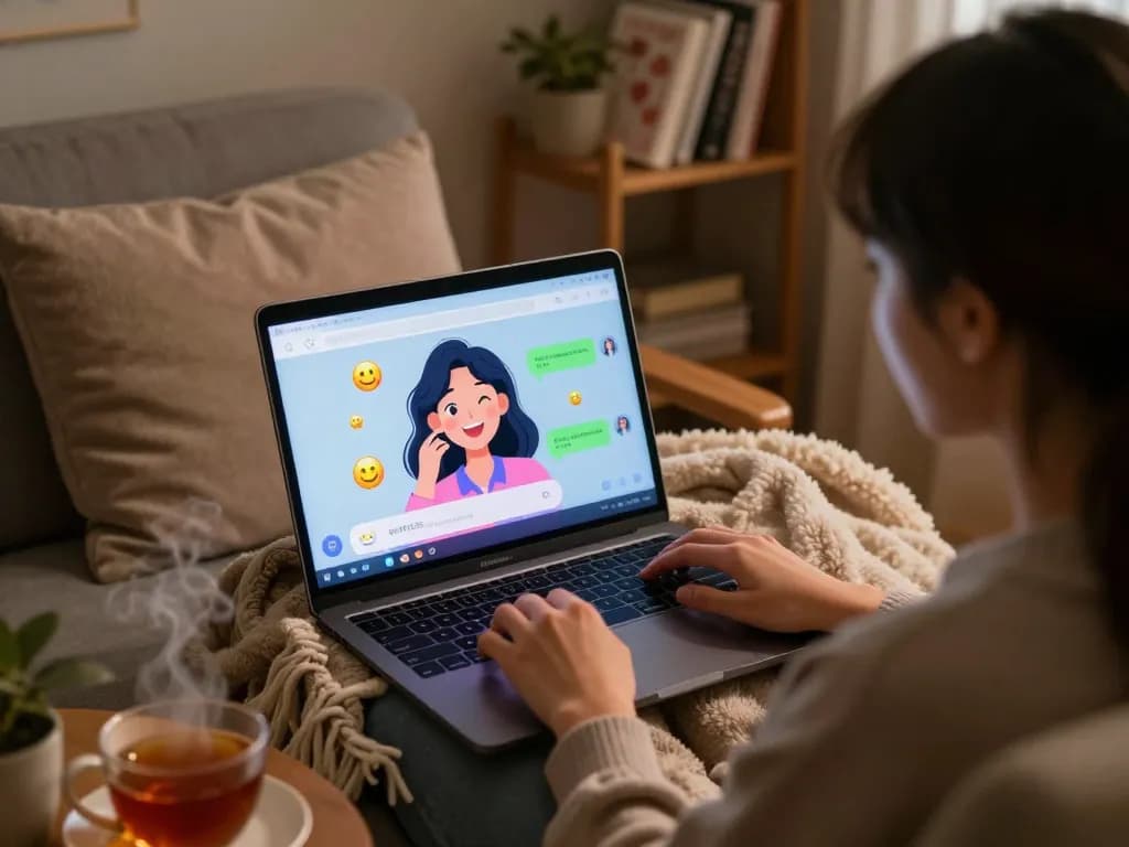 Experience engaging ai nsfw conversations with a playful AI character on a cozy laptop setup.