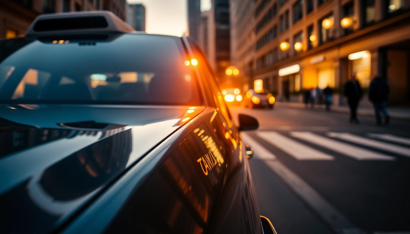 Taxi parked in an urban scene, reflecting city lights and creating a warm atmosphere.