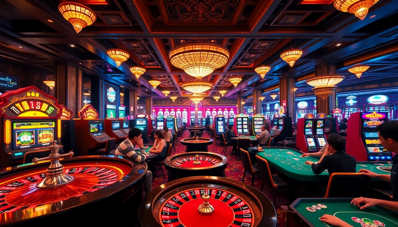 Exciting game bài đổi thưởng scene showcasing players at casino tables with vibrant poker chips and roulette wheels.